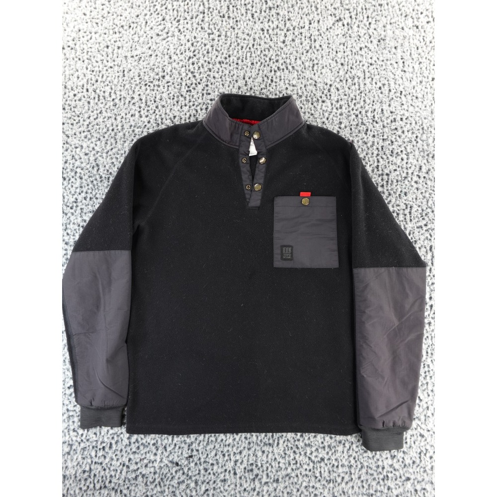 Topo Designs Fleece Pullover Snap Neck Pocket Gray Black Men's Medium